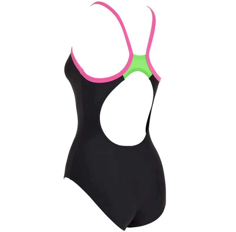 Zoggs Ladies Cannon Strike Back Swimsuit Black/Green/Pink-1